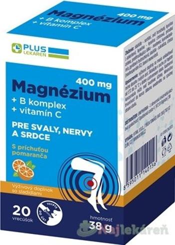 PLUS LEKÁREŇ Magnézium 400 mg + B komplex + vitamín C, vrecúška s príchuťou pomaranč 20 ks