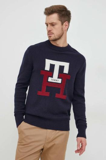 Vlnený sveter Tommy Hilfiger pánsky, tmavomodrá farba, tenký,