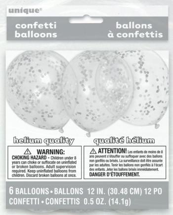 Balóniky 6 ks 30 cm - transparentné so striebornými konfetami - UNIQUE
