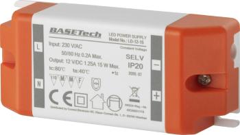 Basetech LD-12-15 napájací zdroj pre LED  konštantné napätie 15 W 1.25 A  schválenie nábytku, prepätia, montáž na nehorľ