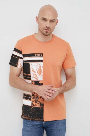 Bavlnené tričko Guess oranžová farba, s potlačou