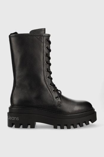 Kožené členkové topánky Calvin Klein Jeans Flatform Mid Laceup Boot dámske, čierna farba, na platforme,