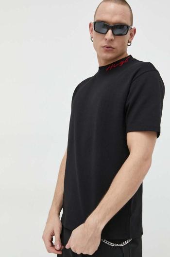 Bavlnené tričko HUGO čierna farba, jednofarebné