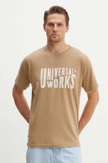 Bavlnené tričko Universal Works Mystery Train Print Tee 29182, pánske, béžová farba, s potlačou