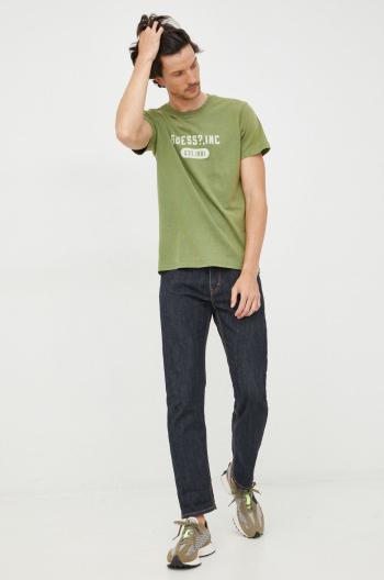 Bavlnené tričko Guess zelená farba, s potlačou