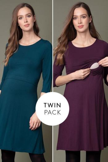 Dvojbalenie tehotenských šiat Una - tmavozelená + fialová