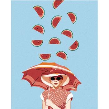 Maľovanie podľa čísel – Žena s dáždnikom a padajúce melóny (HRAbz33525nad)