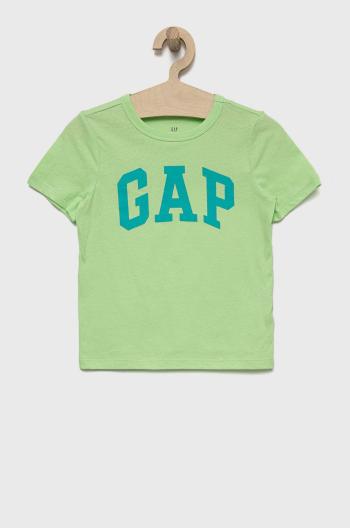 Detské bavlnené tričko GAP zelená farba, s potlačou