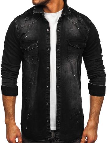 Čierna pánska riflová košeľa s dlhými rukávmi Bolf R707