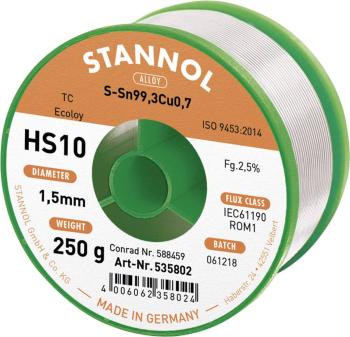 Stannol HS10 2510 spájkovací cín bez olova cievka Sn99,3Cu0,7 250 g 1.5 mm