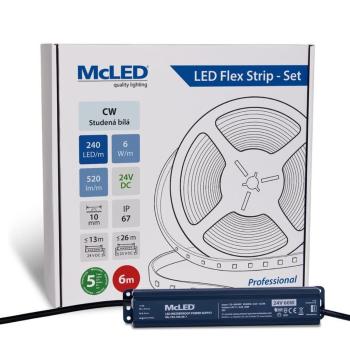 McLED LED páska - sada 6 m, 240 LED/m, CW, 6 W/m, DC 24V, 520 lm/m, CRI90, IP67, 10 mm, vodič 3 m ML-126.032.90.S06001