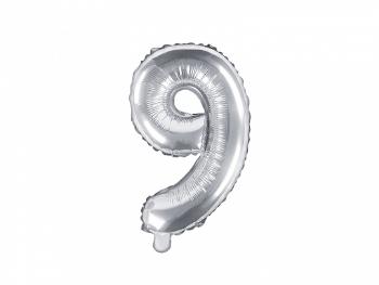 PartyDeco Fóliový balón Mini - Číslo 9 strieborný 35cm