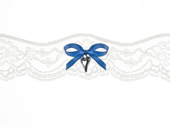 PartyDeco Svadobný podväzok čipkovaný s modrou mašľou