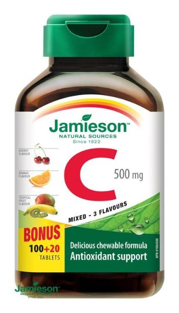 Jamieson Vitamín C 500 mg tablety na cmúľanie mix troch ovocných príchutí 120 tbl.