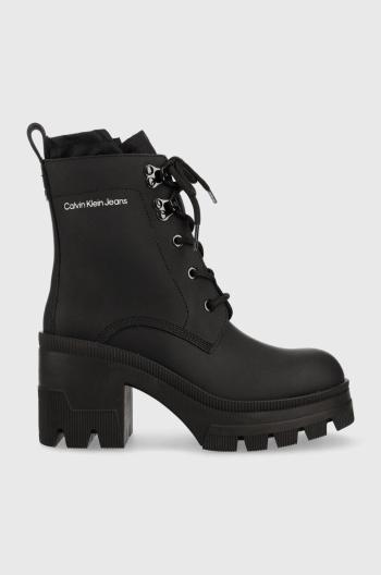Kožené členkové topánky Calvin Klein Jeans Chunky Heeled Boot Laceup dámske, čierna farba, na podpätku,