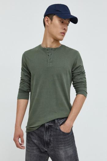Bavlnené tričko s dlhým rukávom Solid zelená farba, jednofarebné