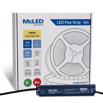 McLED LED páska - sada 6 m, 240 LED/m, UWW, 6 W/m, DC 24V, 380 lm/m, CRI90, IP67, 10 mm, vodič 3 m ML-126.036.90.S06001