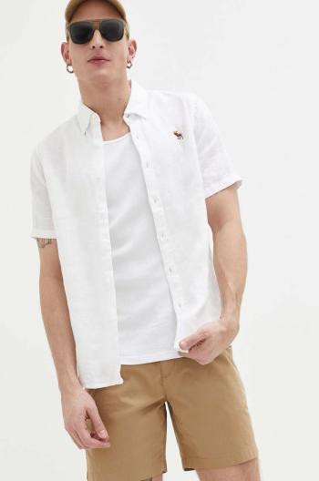 Ľanová košeľa Abercrombie & Fitch biela farba, regular, s golierom button-down