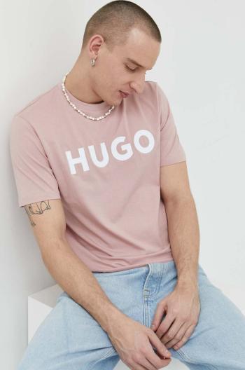 Bavlnené tričko HUGO ružová farba, s potlačou