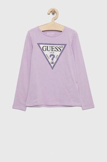 Detské tričko s dlhým rukávom Guess fialová farba