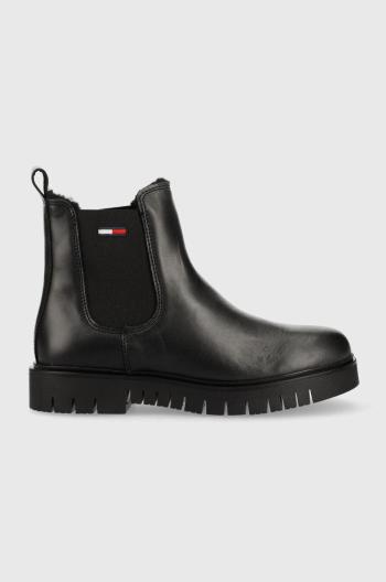 Kožené topánky chelsea Tommy Jeans Warmlined Chelsea Boot dámske, čierna farba, na plochom podpätku, zateplené