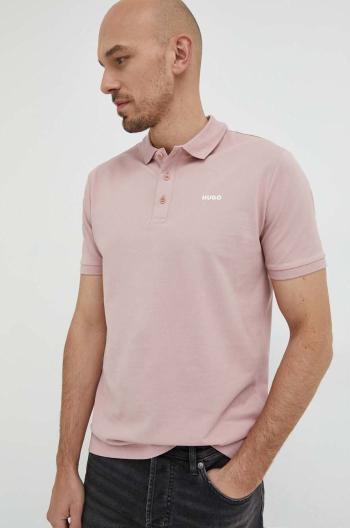 Bavlnené polo tričko HUGO ružová farba, jednofarebné
