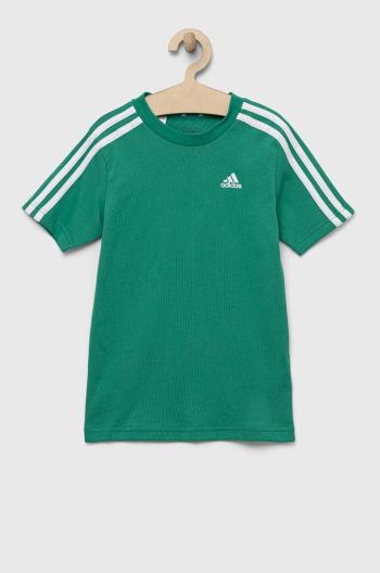 Detské bavlnené tričko adidas U 3S zelená farba, s nášivkou