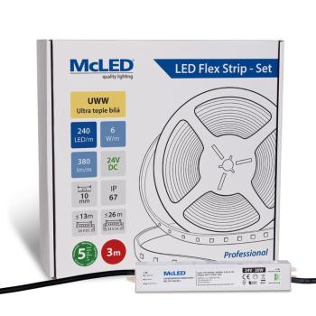 McLED LED páska - sada 3 m, 240 LED/m, UWW, 6 W/m, DC 24V, 380 lm/m, CRI90, IP67, 10 mm, vodič 3 m ML-126.036.90.S03001