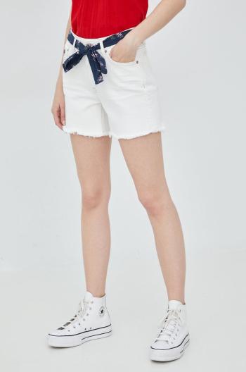 Rifľové krátke nohavice Superdry dámske, biela farba, jednofarebné, stredne vysoký pás