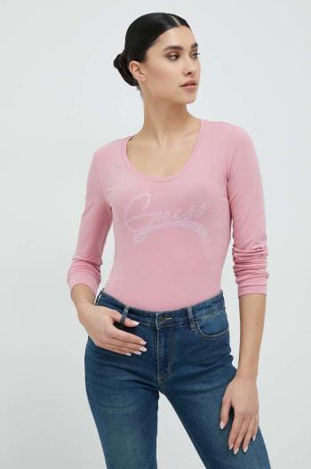 Tričko s dlhým rukávom Guess dámsky, ružová farba
