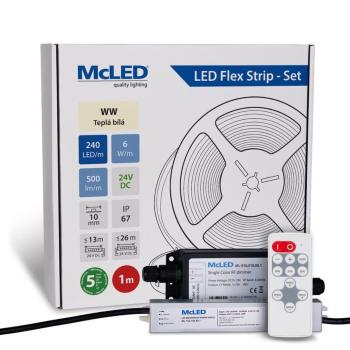 McLED LED páska - sada 1 m + Prijímač Nano IP67, 240 LED/m, WW, 6 W/m, DC 24V, 500 lm/m, CRI90, IP67, 10 mm, vodič 3 m ML-126.034.90.S01002