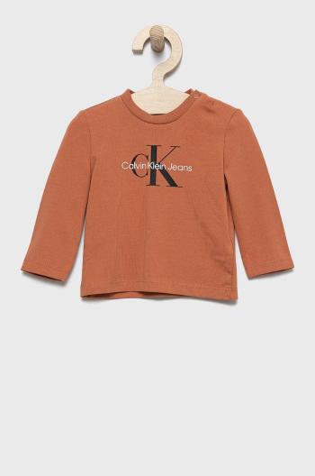 Detské tričko s dlhým rukávom Calvin Klein Jeans hnedá farba, s potlačou
