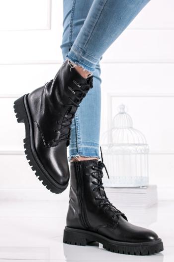 Čierne kožené členkové šnurovacie topánky 1-25232