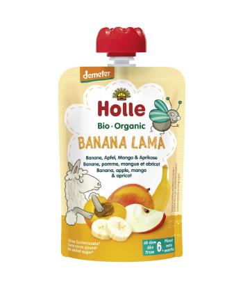 3x HOLLE Banana Lama Bio ovocné pyré banán, jablko, mango, marhuľa, 100 g (6 m+)