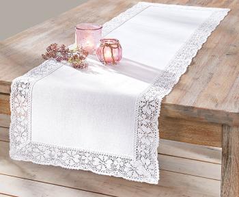 Behúň na stôl s háčkovanou čipkou, biela, 140 x 40 cm