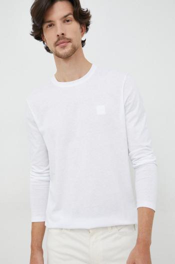 Bavlnené tričko s dlhým rukávom BOSS Boss Casual , biela farba, s nášivkou