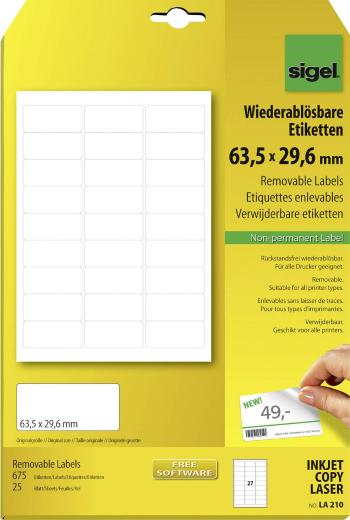 Sigel LA210 etikety 63.5 x 29.6 mm papier  biela 675 ks premiestniteľné univerzálne etikety  25 Blatt A4