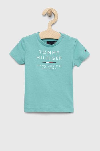 Detské bavlnené tričko Tommy Hilfiger tyrkysová farba, s potlačou