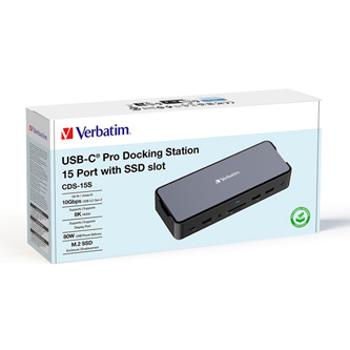 Dokovací stanice Verbatim, USB-C Pro, 15-port, 2x HDMI, RJ45, microSD, USB-A 3.1, USB-C 3.1, šedá