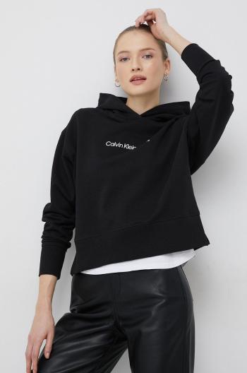 Bavlnená mikina Calvin Klein Jeans dámska, čierna farba, s kapucňou, jednofarebná