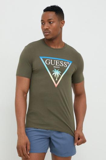 Tričko Guess pánske, zelená farba, s potlačou
