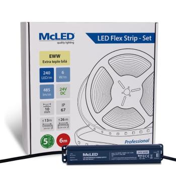 McLED LED páska - sada 6 m, 240 LED/m, EWW, 6 W/m, DC 24V, 485 lm/m, CRI90, IP67, 10 mm, vodič 3 m ML-126.035.90.S06001