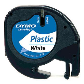 Dymo originál páska do tlačiarne štítkov, Dymo, 91221, S0721660, černý tlač/biely podklad, 4m, 12mm, LetraTag plastová páska