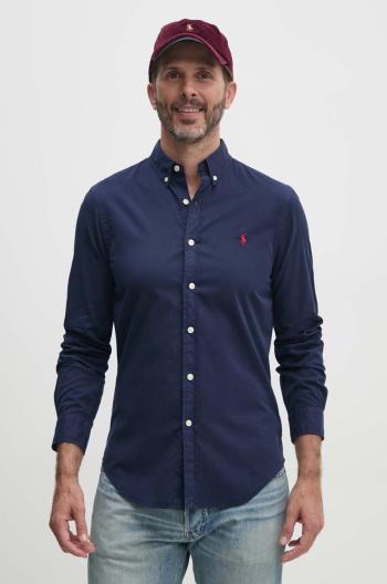 Bavlnená košeľa Polo Ralph Lauren pánska, tmavomodrá farba, slim, s golierom button-down