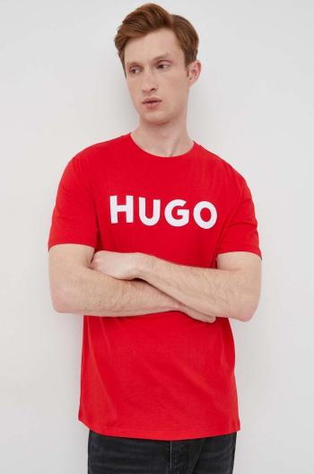Bavlnené tričko HUGO červená farba, s potlačou