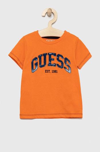 Detské bavlnené tričko Guess oranžová farba, vzorovaný