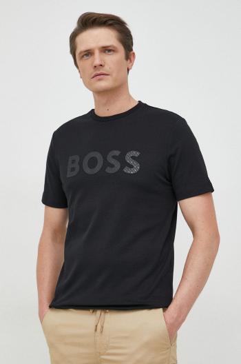 Bavlnené tričko BOSS čierna farba, s nášivkou