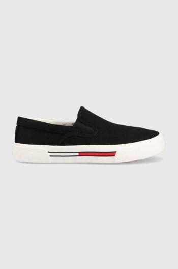 Tenisky Tommy Jeans SLIP-ON SIGNATURE DETAILING dámske, čierna farba, EN0EN02088