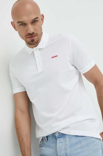 Bavlnené polo tričko HUGO biela farba, jednofarebné