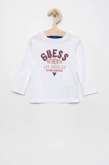 Detské bavlnené tričko s dlhým rukávom Guess biela farba, vzorovaný